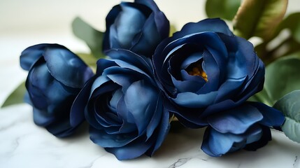 Close up of a bouquet of deep blue artificial roses with green leaves on a marble surface