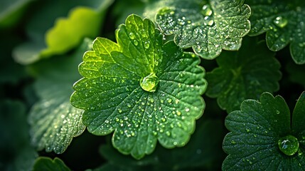 Close up of vibrant green leaves with glistening water droplets after a refreshing morning rain shower