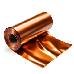 Roll of shiny metallic copper foil, reflecting light and texture