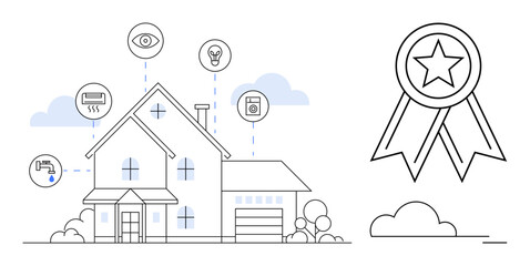 Modern home connected with smart devices thumbs up thermostat, security, lightbulb, and washing machine. Ribbon icon represents quality or certification. Ideal for technology, home automation, energy