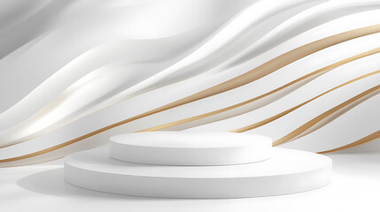 Obraz premium white podium with elegant gold wave lines on the back for product presentation. Display of cosmetic products