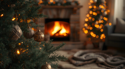 Christmas background image capturing warm fireplace glow, blurred tree lights, rustic ornaments, soft bokeh, and cozy festive interior atmosphere.
