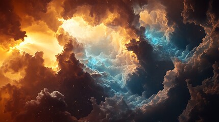 Dramatic fiery orange and electric blue clouds illuminated by celestial light in a cosmic sky