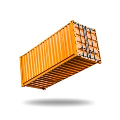 Flying Orange Shipping Container with Shadows on White Background