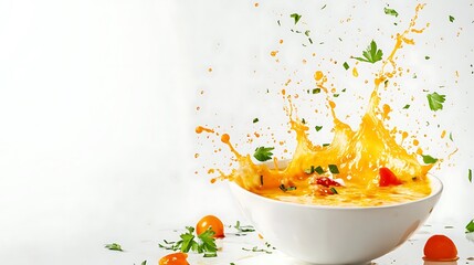 Dynamic splash of creamy soup with fresh herbs and vegetables captured in mid air