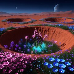 Alien Planet Landscape with Blooming Flowers in Craters.