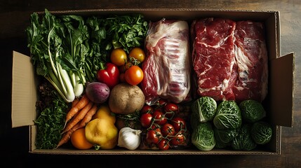 Fresh organic produce and raw meat delivered in a cardboard box ready for healthy home cooking
