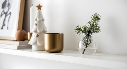 Fototapeta premium Minimalist Gold Christmas Decorations with Pine Branch and Candle