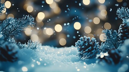 Softly falling snow and glowing bokeh lights illuminate frosted pine branches and pinecones in a winter wonderland scene