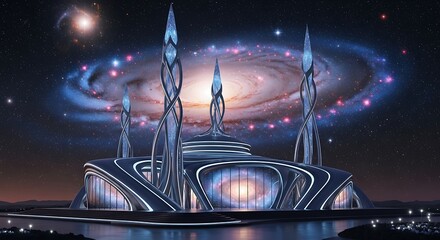 Futuristic Cityscape with Galactic Background and Modern Architecture.