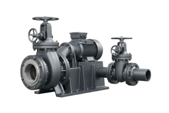 Industrial Centrifugal Pump With Electric Motor And Valves Gray Metal isolated on Transparent Background