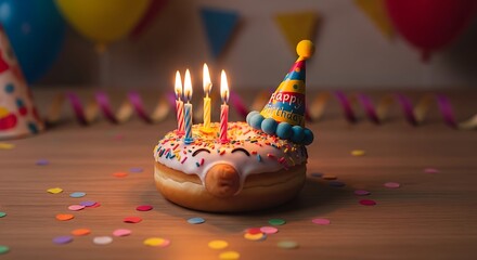 Festive Donut Birthday Celebration with Candles and Party Hat.