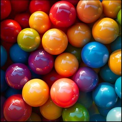 Vibrant assortment of colorful round gumballs filling the frame in a close up view