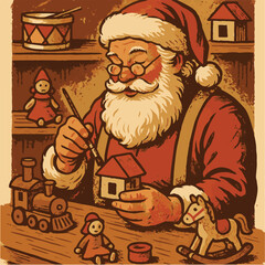  Santa Painting Toys in His Workshop Retro Vector Illustration

