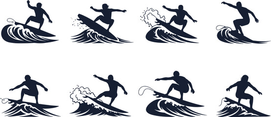Surfer silhouettes, wave riding poses, extreme sport vector, ocean adventure, surfing maneuvers, beach lifestyle, black illustration set, water action