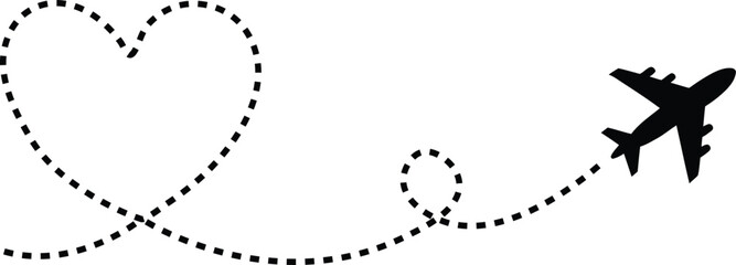 Airplane journey dotted line path forming a heart shape, travel