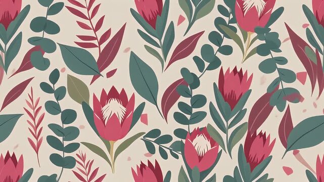 Botanical seamless pattern with protea flowers and eucalyptus leaves on a muted background, elegant floral illustration