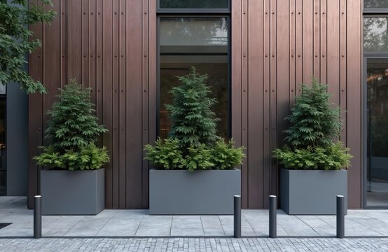 Modern building exterior with gray rectangular planters holding green coniferous trees, shrubs. Wooden plank wall siding complements urban landscape design. Vertical bollards stand on paved stone