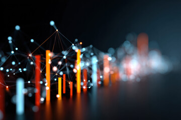 Big data visualization with glowing bar charts and connections