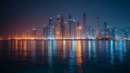 A business district skyline illuminated at night.