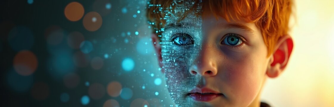 Portrait of young child. Digital code overlay covers half the face. Artificial intelligence and cyberspace concepts highlighted. Futuristic design illustrating AI in education and the digital future. - Powered by Adobe