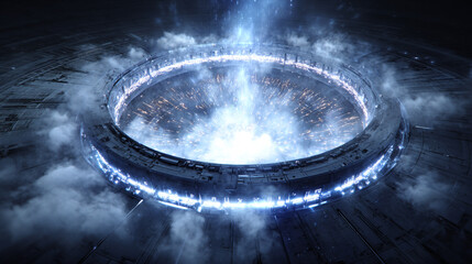 A giant particle accelerator glowing with energy.