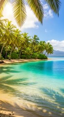 Idyllic Tropical Beach Paradise with Crystal Clear Turquoise Waters and Lush Palm Trees.