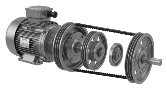 Industrial Electric Motor With Belt Drive Pulley System Exploded View isolated on Transparent Background