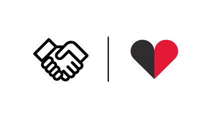 Partnership and Love Icon Set: Handshake and split heart symbols for trust, agreement, care, and emotional connection concept