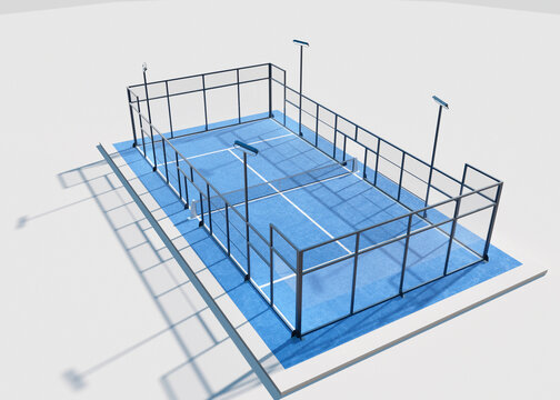 3D Render of Blue Pickleball or Padel Court on White
