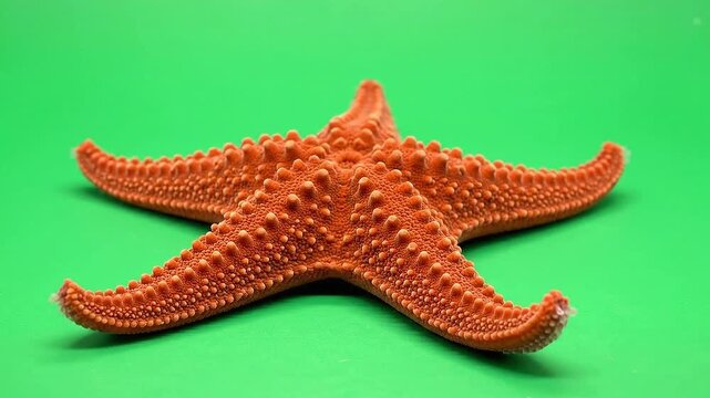 Orange Starfish resting on a vibrant green screen background with detailed texture and natural lighting