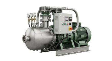 Industrial Silver And Green Metal Pump With Gauges And Control Panel isolated on Transparent Background