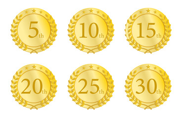 金色の月桂冠メダルに5周年から30周年を刻んだ記念バッジセット（周年記念・表彰・節目のデザイン素材）