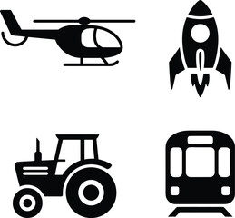 Transportation vehicle icons: helicopter, rocket, tractor, train
