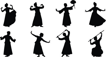 Traditional dance silhouettes, Asian cultural poses, fan and sword movements, graceful choreography, heritage costumes, expressive gestures, martial art influence, vector illustration