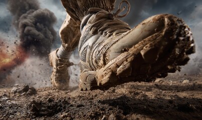 High quality photo of soldiers boot kicking up dust and debris in a war zone