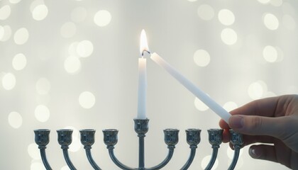 Lighting the first candle on a Hanukkah menorah. Close-up of a Jewish holiday ritual for the Festival of Lights