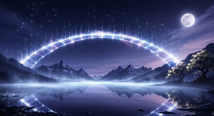 Mystical Night Landscape with Glowing Arch Over Reflective Lake and Full Moon.