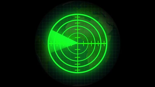 Green radar screen with concentric circles and Earth map on animation black background abstract grid.High-tech radar display with rotating sweep on luminous Earth map grid creating a futuristic .
