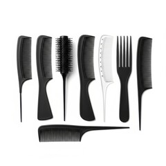 Set of Black and White Hair Combs and Brushes on White Background for Hair Styling and Grooming