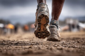 High quality photo of muddy shoes running on a dirt path during a race