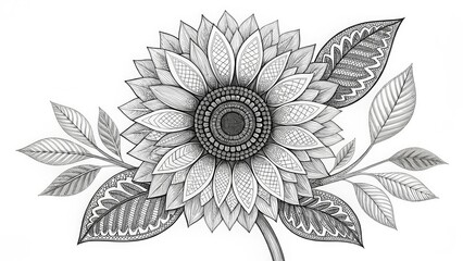 Detailed black and white hand-drawn illustration of a sunflower with patterned leaves. Use for art, nature, mindfulness, craft, or design blogs/sites about drawing, coloring, and botanical themes.