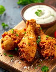 Crispy golden fried chicken drumsticks with creamy dip and parsley garnish
