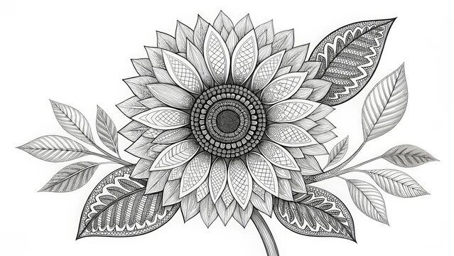 Detailed black and white hand-drawn illustration of a sunflower with patterned leaves. Use for art, nature, mindfulness, craft, or design blogs/sites about drawing, coloring, and botanical themes.
