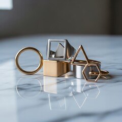 Geometric Rings on Marble Surface - Modern Jewelry Still Life.