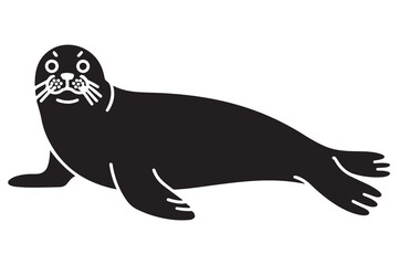  Black silhouette of a seal with white whiskers and eyes on a white background