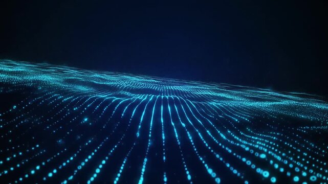 Abstract digital landscape with glowing blue particles forming an undulating wave pattern on a dark background, representing data flow or technology.