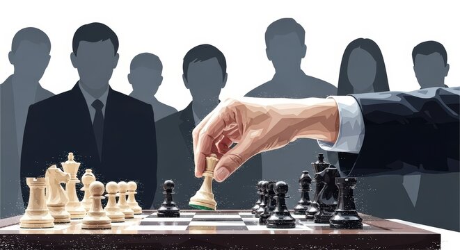 Business strategy and decision-making depicted through a chess game with a corporate team