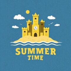 Naklejka premium High quality photo of yellow sandcastle on a sandy island with waves and clouds