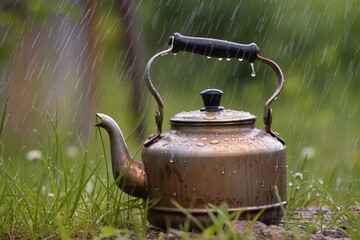 An old, slightly rusty teapot on a summer cottage plot, with raindrops dripping into it close-up